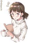  1girl alternate_costume blush book breasts brown_eyes brown_hair cup ebifurya glasses highres kantai_collection large_breasts looking_at_viewer open_mouth pince-nez roma_(kantai_collection) simple_background solo sweater twitter_username wavy_hair white_background white_sweater 