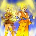  1girl ahoge blonde_hair blue_eyes commentary dougi dragon_ball dragon_ball_z english_commentary glowing glowing_eyes karate_gi naomig open_mouth power-up red_eyes rwby son_gokuu super_saiyan transformation yang_xiao_long 