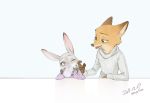  2018 anthro canine clothed clothing disney duo female fox fur green_eyes hi_res judy_hopps lagomorph male mammal monmokamoko nick_wilde one_eye_closed purple_eyes rabbit wink zootopia 