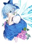  barefoot blue_dress blue_hair bow cirno clover commentary_request dress fairy_wings flower flower_ring four-leaf_clover hair_bow ice ice_wings jewelry korean_commentary puffy_short_sleeves puffy_sleeves ring short_hair short_sleeves simple_background sukja touhou white_background wings 