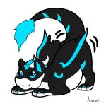  black_fur blue_eyes blue_fur butt cute dragon eclipse_(character) eclipzeclipz flam fur furred_dragon horn looking_up markings scalie shaking sticker teeth white_fur wings wriggling 