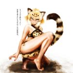  1girl animal_ear_fluff animal_ears arched_soles bangs bare_arms bare_legs bare_shoulders barefoot beige_bikini between_legs bikini blonde_hair breasts cleavage closed_mouth commentary_request criss-cross_halter eyebrows_visible_through_hair eyes_visible_through_hair from_side full_body halterneck jaguar_(kemono_friends) jaguar_ears jaguar_girl jaguar_print jaguar_tail kemono_friends large_tail light_smile looking_at_viewer looking_to_the_side multicolored_hair pose print_bikini realistic short_hair side-tie_bikini solo stealstitaniums swimsuit tail tail_between_legs tail_raised toes translation_request tsurime yellow_eyes 