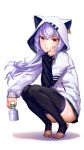  animal_hood as109 ass azuma_lim azuma_lim_channel bad_id bad_pixiv_id barefoot black_legwear bottle brown_eyes cat_hood expressionless feet highres hood hood_up hoodie long_hair long_sleeves looking_at_viewer no_shoes pleated_skirt purple_hair skirt solo squatting stirrup_legwear thighhighs toeless_legwear translation_request virtual_youtuber white_background wind 