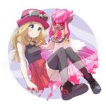  :d ass bangs black_footwear black_legwear blonde_hair blue_eyes blush breasts commentary diancie floating_hair gen_6_pokemon hat knees_together_feet_apart legendary_pokemon long_hair medium_breasts miu_(miuuu_721) open_mouth pink_hat pleated_skirt poke_ball_print pokemon pokemon_(game) pokemon_xy print_footwear red_skirt serena_(pokemon) skirt smile 