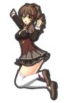  :d arms_up blush bow breasts brown_bow brown_footwear brown_hair brown_skirt cleavage clenched_hand drill_hair flower_knight_girl full_body hair_bow holly_(flower_knight_girl) jumping looking_at_viewer lowres medium_breasts mun_(gunma) open_mouth pleated_skirt skirt smile solo thighhighs white_legwear 
