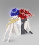  absurdres androgynous back-to-back bangs blue_eyes blue_hair blunt_bangs chankaki54 crystal_hair dark_blue_hair gem_uniform_(houseki_no_kuni) glowing glowing_eye glowing_hair golden_arms hair_over_eyes heterochromia high_heels highres houseki_no_kuni knees_to_chest leg_hug mercury multiple_others phosphophyllite phosphophyllite_(ll) red_hair sad see-through shinsha_(houseki_no_kuni) short_hair sitting spoilers tears white_eyes 