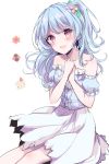  :d bang_dream! bangs bare_shoulders blue_hair blue_shirt blush checkerboard_cookie cookie detached_sleeves eyebrows_visible_through_hair flower food frilled_sleeves frills hair_flower hair_ornament hands_on_own_chest hands_together light_blue_hair long_hair looking_at_viewer matsubara_kanon one_side_up open_mouth purple_eyes shirt simple_background sitting skirt smile solo sotsunaku strawberry_shortcake white_background white_skirt 