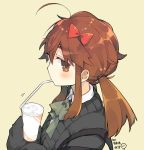  ahoge bangs bendy_straw black_sweater blush bow brown_background brown_eyes brown_hair collared_shirt commentary_request cup disposable_cup drinking_straw eyebrows_visible_through_hair fate/extra fate/extra_ccc fate_(series) from_side green_bow hair_between_eyes hair_bow holding holding_cup jinako_carigiri long_hair long_sleeves looking_at_viewer looking_to_the_side mouth_hold red_bow school_uniform shirt sidelocks simple_background sleeves_past_fingers sleeves_past_wrists solo sweater translation_request twintails white_shirt yuzuki_gao 