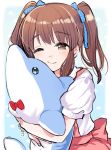  amezawa_koma blush bow bowtie bracelet brown_eyes brown_hair commentary eyebrows_visible_through_hair hair_ribbon highres hug idolmaster idolmaster_cinderella_girls inflatable_dolphin inflatable_toy jewelry long_hair object_hug ogata_chieri one_eye_closed puffy_short_sleeves puffy_sleeves red_neckwear ribbon short_sleeves smile solo star starry_background twintails upper_body 