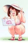 ;d absurdres artist_name bikini blush boku_no_hero_academia breasts brown_eyes brown_hair cloudxmoe commentary commentary_typo drawing feet full_body hat heart highres large_breasts legs looking_at_viewer one_eye_closed open_mouth pink_bikini plump sandals short_hair smile solo squatting swimsuit uraraka_ochako v 