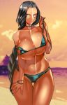  bikini black_hair blue_bikini blue_eyes blue_nails braid breasts cleavage covered_nipples cowboy_shot dark_skin facial_mark fate/grand_order fate_(series) genderswap genderswap_(mtf) geronimo_(fate/grand_order) highres huge_breasts kbtmsboy long_hair looking_at_viewer nail_polish native_american navel outdoors single_braid smile solo swimsuit very_long_hair wet 