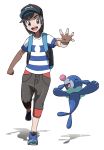  arm_up backpack bag bangs black_hat black_pants blue_footwear blue_shirt clenched_hand closed_eyes commentary_request full_body gen_7_pokemon grey_eyes grey_hair happy hat highres jumping looking_down male_focus open_mouth pants pokemon pokemon_(creature) pokemon_(game) pokemon_sm popplio running shirt shoes short_hair short_sleeves simple_background smile striped striped_shirt swept_bangs teeth teru_zeta white_background wristband you_(pokemon) 