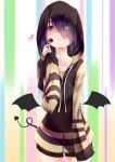  absurdres alternate_costume collarbone commentary_request cowboy_shot demon_girl demon_tail demon_wings gabriel_dropout glowing glowing_eye hair_over_one_eye heterochromia highres holding_lollipop hood hood_up hooded_jacket jacket kurona_mei open_mouth purple_eyes purple_hair sazanka short_hair solo striped striped_background striped_hoodie tail teeth vertical-striped_background vertical_stripes very_long_sleeves wings yellow_eyes 