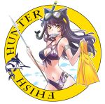  :&gt; animal_ears armband bikini black_bikini black_hair blake_belladonna blush breasts cat_ears cleavage commentary fish flippers front-tie_top goggles goggles_on_head harpoon highres iesupa long_hair mouth_hold navel rwby smile snorkel solo swimsuit very_long_hair yellow_eyes 