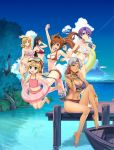  aina_holden arm_above_head asymmetrical_bangs bangs barefoot bikini black_hair blonde_hair blown_kiss blue_eyes boat bracelet breasts brown_hair cleavage cleavage_cutout cloud cloudy_sky day diving_mask diving_mask_on_head earrings eiyuu_densetsu estelle_bright facial_mark flat_chest forehead_mark frilled_bikini frills full_body hairband hand_in_hair hat highres hoop_earrings innertube jewelry jumping kirika_rouran klose_rinz knee_up large_breasts long_hair looking_at_viewer medium_breasts midriff multiple_girls navel navel_piercing necklace ocean official_art one_eye_closed open_mouth parted_bangs pier piercing pinky_ring plaid plaid_bikini profile purple_bikini purple_eyes purple_hair raised_fist red_bikini red_eyes scherazard_harvey short_hair side-tie_bikini silver_hair sitting sky smile snorkel sora_no_kiseki straight_hair swimsuit tita_russell toe_ring tree twintails watercraft wavy_hair white_bikini 