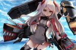  :q azur_lane bangs black_gloves black_legwear blue_sky breasts brown_eyes closed_mouth cloud cloudy_sky commentary day dress eyebrows_visible_through_hair garter_straps gloves grey_dress hair_between_eyes hand_on_own_chest hand_up highres iron_cross karin_(fineyanny) long_hair long_sleeves machinery medium_breasts ocean outdoors prinz_eugen_(azur_lane) sideboob silver_hair sky smile solo thighhighs tongue tongue_out two_side_up very_long_hair water wide_sleeves 