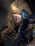  artist_name blonde_hair blue_eyes blurry blurry_background chuby_mi circlet copyright_request gloves highres lips long_hair looking_at_viewer mask mask_removed portrait smile solo wrist_guards 