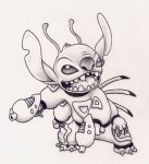  2004 4_arms 4_fingers alien antennae back_spines claws clothed clothing dipstick_antennae disney dual_wielding experiment_(species) fur greyscale head_tuft holding_object holding_weapon lilo_and_stitch monochrome multi_arm multi_limb notched_ear open_mouth open_smile pencil_(artwork) plasma_blaster plasma_gun ribera simple_background smile solo spacesuit squint standing stitch toe_claws traditional_media_(artwork) tuft weapon white_background 