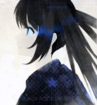  bangs black_hair black_jacket black_rock_shooter black_rock_shooter_(character) blue_eyes character_name checkered copyright_name jacket ji_dao_ji long_hair looking_away parted_lips profile sidelocks solo star twintails uneven_twintails 