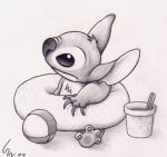  2004 4_fingers alien ball beach_ball chest_tuft claws disney experiment_(species) fur greyscale head_tuft inner_tube lilo_and_stitch monochrome notched_ear pencil_(artwork) ribera signature simple_background sitting soft_shading solo stitch traditional_media_(artwork) tuft white_background 
