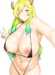  areolae black_swimsuit blonde_hair blush breasts cleavage closed_mouth commentary_request dragon_girl dragon_horns eyebrows_visible_through_hair gradient_hair green_hair highres horns huge_breasts inverted_nipples kobayashi-san_chi_no_maidragon large_areolae long_hair looking_at_viewer multicolored_hair navel nipple_slip nipples nnoelllll one_eye_closed outstretched_arm quetzalcoatl_(maidragon) shiny shiny_hair shiny_skin simple_background slingshot_swimsuit slit_pupils smile solo standing swimsuit v white_background yellow_pupils 