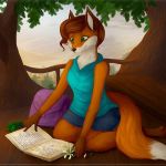  backpack blueberry_fruit) book brown_hair canine clothing female flower fox foxtail_(video_game) fur green_eyes hair leah_(foxtail) mammal orange_fur plant reading shirt short_hair shorts smile solo t-shirt treehouse 