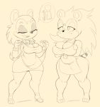  2018 animal_crossing anthro apron breasts cleavage clothed clothing duo eyes_closed female half-closed_eyes hedgehog hi_res labelle_able mammal monochrome nintendo purple_yoshi_draws sable_able sibling sisters tape_measure video_games 