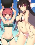  :o animal_ears arms_up ass_visible_through_thighs bandeau bikini black_hair braid breasts cat_cutout cat_ear_bikini cleavage cowboy_shot eyebrows_visible_through_hair fang front-tie_bikini front-tie_top gradient gradient_background green_bikini kaenbyou_rin layered_bikini long_hair looking_at_viewer lowleg lowleg_bikini medium_breasts meme_attire minamura_haruki multiple_girls navel pink_hair pointy_ears red_eyes reiuji_utsuho sidelocks simple_background skindentation smile swimsuit tail touhou twin_braids very_long_hair white_bikini 