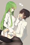  1girl bangs black_hair black_legwear black_pants breasts c.c. cleavage code_geass eye_contact eyebrows_visible_through_hair from_side girl_on_top green_hair grey_background hand_on_another's_ass hand_on_another's_cheek hand_on_another's_face heart highres lelouch_lamperouge long_hair looking_at_another lucky_keai medium_breasts pants parted_lips purple_eyes shiny shiny_hair shirt sitting smile thighhighs very_long_hair white_shirt yellow_eyes 