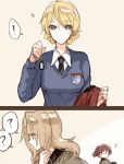  ? alisa_(girls_und_panzer) black_neckwear blonde_hair blue_sweater braid breasts brown_hair commentary darjeeling dog_tags emblem eyebrows_visible_through_hair french_braid girls_und_panzer kay_(girls_und_panzer) long_hair medium_breasts multiple_girls short_hair short_twintails sketch st._gloriana's_(emblem) st._gloriana's_school_uniform sweater twintails yuuyu_(777) 