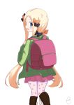 :d abigail_williams_(fate/grand_order) alternate_costume backpack bag bangs black_bow blonde_hair blue_eyes blush boots bow brown_footwear commentary_request eyebrows_visible_through_hair fate/grand_order fate_(series) forehead green_jacket hair_bow hands_up heart heart_print highres holding jacket knee_boots kneepits kujou_karasuma long_hair long_sleeves looking_at_viewer looking_back low_ponytail open_clothes open_jacket open_mouth orange_bow pantyhose parted_bangs pink_legwear pleated_skirt polka_dot polka_dot_bow ponytail print_legwear profile red_skirt signature skirt smile solo very_long_hair 