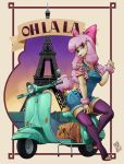  2018 anthro bag bow canine clothed clothing digital_media_(artwork) dog eiffel_tower female freckles fully_clothed legwear mammal overalls poodle scooter signature solo vehicle zwitterkitsune 
