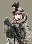  american_flag gloves gun helmet holding holding_weapon laser_sight leupold_optics load_bearing_vest looking_at_viewer magazine_(weapon) military military_operator night_vision_device original ponytail rifle scope shino_(r_shughart) simple_background sniper_rifle sr-25 weapon 