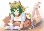  animal_ears atalanta_(fate) barefoot blonde_hair book breasts brown_shorts cat_ears cat_tail cleavage collarbone fate/apocrypha fate_(series) green_eyes green_hair highres long_hair lying multicolored_hair on_stomach open_book open_mouth reading shiny shiny_hair shiny_skin shirt short_shorts short_sleeves shorts small_breasts solo tail tanaka_arumi two-tone_hair white_background white_shirt wooden_floor 