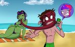  alien amphibian animal_humanoid beach ben_10 ben_tennyson bikini breasts cartoon_network clothing female frog_humanoid grimphantom hand_on_hip hat human humanoid male mammal princess_attea seaside seductive swimsuit tongue wide_hips 