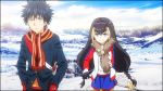  1boy 1girl animated black_hair blue_eyes headband kamijou_touma lessar long_hair mountain mountains scarf skirt snow to_aru_majutsu_no_index 