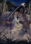  2007 2boys afro afro_samurai afro_samurai_(character) black_hair crossover dark_skin duel etubi92 faceoff fighting_stance headband highres japanese_clothes katana kimono long_hair multiple_boys muscle samurai samurai_jack samurai_jack_(character) sheath short_hair sword thick_eyebrows weapon white_skin 