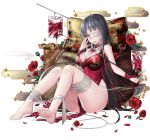  absurdres arm_up bandaged_leg bandages bangs bare_shoulders barefoot black_hair blood blood_bag breasts china_dress chinese_clothes cleavage cleavage_cutout commentary dress egasumi eyebrows_visible_through_hair eyepatch feet fingernails floral_print flower grey_eyes highres holding holding_pipe ia_(ias1010) kiseru large_breasts long_hair medical_eyepatch no_panties original parted_lips pelvic_curtain pillow pipe print_pillow red_cross red_dress red_flower rose_print sitting sleeveless sleeveless_dress smoke smoking soles solo very_long_hair 