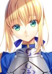  armor artoria_pendragon_(all) bangs blonde_hair blue_ribbon blunt_bangs eyebrows_visible_through_hair fate/stay_night fate_(series) hair_between_eyes hair_ribbon head_tilt hoshi_ichi looking_at_viewer parted_lips portrait ribbon saber sidelocks solo white_background 