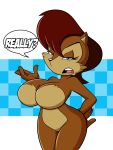  anthro big_breasts blue_eyes breasts brown_fur chipmunk dialogue english_text featureless_breasts featureless_crotch female fur grimphantom hair huge_breasts looking_at_viewer mammal nude open_mouth red_hair rodent sally_acorn short_hair solo sonic_(series) squirrel teeth text 