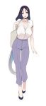  bangs breasts casual commentary_request fate/grand_order fate_(series) large_breasts long_hair low-tied_long_hair minamoto_no_raikou_(fate/grand_order) open_mouth pants parted_bangs purple_hair solo sumeragi_kohaku tote_bag very_long_hair 
