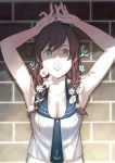  against_wall anchor_symbol armpits arms_up bad_id bad_twitter_id blue_eyes braid breasts brown_hair cleavage commentary_request flower flower_on_mouth hair_flower hair_ornament kantai_collection long_hair looking_at_viewer noshiro_(kantai_collection) sailor_collar solo twin_braids upper_body uyama_hajime 