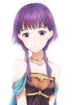  bangs bare_shoulders blunt_bangs choker collarbone fire_emblem fire_emblem:_seima_no_kouseki highres long_hair looking_at_viewer low_twintails lute_(fire_emblem) parted_lips purple_eyes purple_hair shiny shiny_hair simple_background solo tanaka_arumi twintails upper_body white_background 
