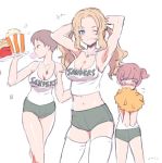  3girls @_@ adapted_costume alisa_(girls_und_panzer) alternate_hairstyle armpits arms_behind_head artist_name black_shorts breasts brown_hair bubble_blowing chewing_gum cleavage commentary dog_tags engrish eyebrows_visible_through_hair flying_sweatdrops freckles girls_und_panzer hair_ornament holding hooters kay_(girls_und_panzer) long_hair looking_at_viewer medium_breasts midriff multiple_girls naomi_(girls_und_panzer) navel no_bra one_eye_closed ranguage shirt short_hair short_twintails shorts simple_background skindentation standing star star_hair_ornament sweatdrop tank_top thighhighs tray twintails umiu_(hoge) very_short_hair walking white_background white_shirt 