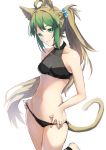  ahoge animal_ears anklet atalanta_(fate) barefoot black_panties breasts brown_hair cat_ears cat_tail cleavage collarbone fate/apocrypha fate_(series) floating_hair green_eyes green_hair groin hair_ornament jewelry leg_up long_hair looking_at_viewer multicolored_hair navel panties parted_lips ponytail shiny shiny_hair sidelocks simple_background small_breasts solo standing standing_on_one_leg tail tanaka_arumi two-tone_hair underwear very_long_hair white_background 