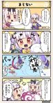  4koma :d :o alcohol black_bow black_ribbon bottle bow breasts character_name comic commentary_request flower flower_knight_girl hair_flower hair_ornament lavender_hair medium_breasts multiple_girls nichinichisou_(flower_knight_girl) open_mouth plate red_eyes red_skirt ribbon rolling short_hair skirt smile speech_bubble spilling translation_request tripping twintails vinca_(flower_knight_girl) white_hair wine 