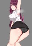  1girl angry armpits artist_request ass bare_shoulders blush breasts clenched_teeth erect_nipples from_behind girls_frontline huge_ass large_breasts long_hair looking_at_viewer panties purple_hair red_eyes shiny shiny_clothes shiny_hair shiny_skin shirt skirt solo tears very_long_hair wa2000_(girls_frontline) 