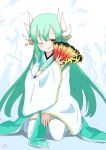  :q bangs blush brown_eyes closed_mouth commentary_request dragon_horns eyebrows_visible_through_hair fan fate/grand_order fate_(series) flame_print folding_fan green_hair hair_between_eyes hair_ornament heart highres holding holding_fan horns japanese_clothes kimono kiyohime_(fate/grand_order) kneeling kujou_karasuma long_hair long_sleeves looking_at_viewer no_shoes one_eye_closed sleeves_past_wrists smile solo thighhighs tongue tongue_out very_long_hair white_kimono white_legwear wide_sleeves 