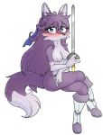  2018 anthro auntymoira blush breasts canine clothing digital_media_(artwork) eyelashes female footwear fox fur hair holding_object holding_weapon long_hair looking_at_viewer mammal melee_weapon nipples portrait simple_background sitting solo sword teeth weapon 