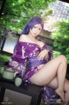  breasts cleavage cosplay day fate/grand_order fate_(series) highres japanese_clothes kimono large_breasts long_hair looking_at_viewer minamoto_no_raikou_(fate/grand_order) no_bra outdoors photo purple_eyes purple_hair solo yoshinobi yukata 